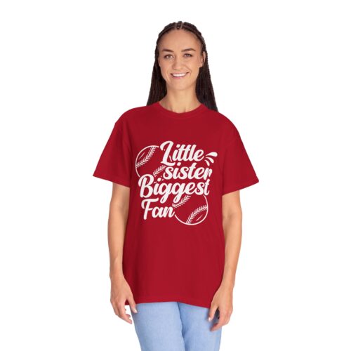 Little Sister Biggest Fan T-Shirt, Unisex Baseball Tee, Garment-Dyed Shirt, Sports Fan Apparel, Sibling Gift. - Image 12
