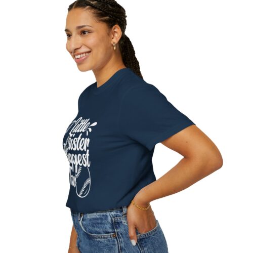Little Sister Biggest Fan T-Shirt, Unisex Baseball Tee, Garment-Dyed Shirt, Sports Fan Apparel, Sibling Gift. - Image 6