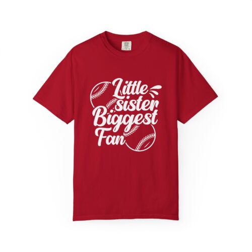 Little Sister Biggest Fan T-Shirt, Unisex Baseball Tee, Garment-Dyed Shirt, Sports Fan Apparel, Sibling Gift. - Image 9