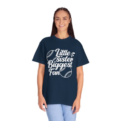 Little Sister Biggest Fan T-Shirt, Unisex Baseball Tee, Garment-Dyed Shirt, Sports Fan Apparel, Sibling Gift. - Image 4