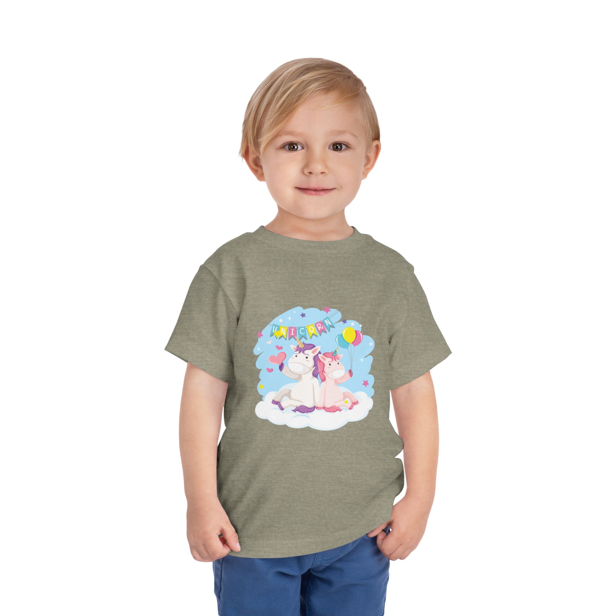 Cute Unicorn Friends on Cloud Toddler T-Shirt – Adorable Birthday Graphic Tee for Kids, Boys & Girls. - Image 2
