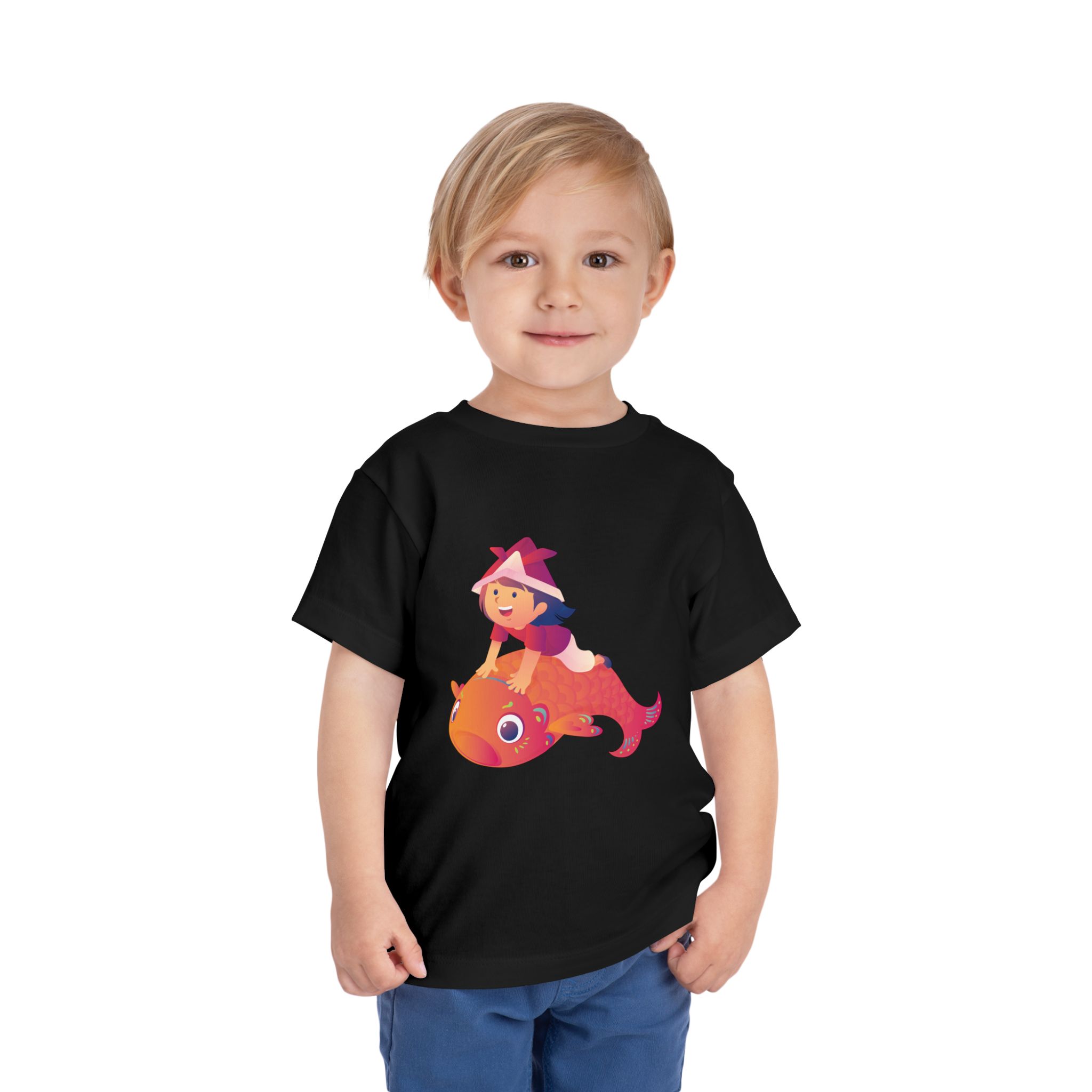 Cute Girl Riding Orange Fish Toddler T-Shirt – Fun Ocean Adventure Graphic Tee for Kids, Boys & Girls. - Image 2