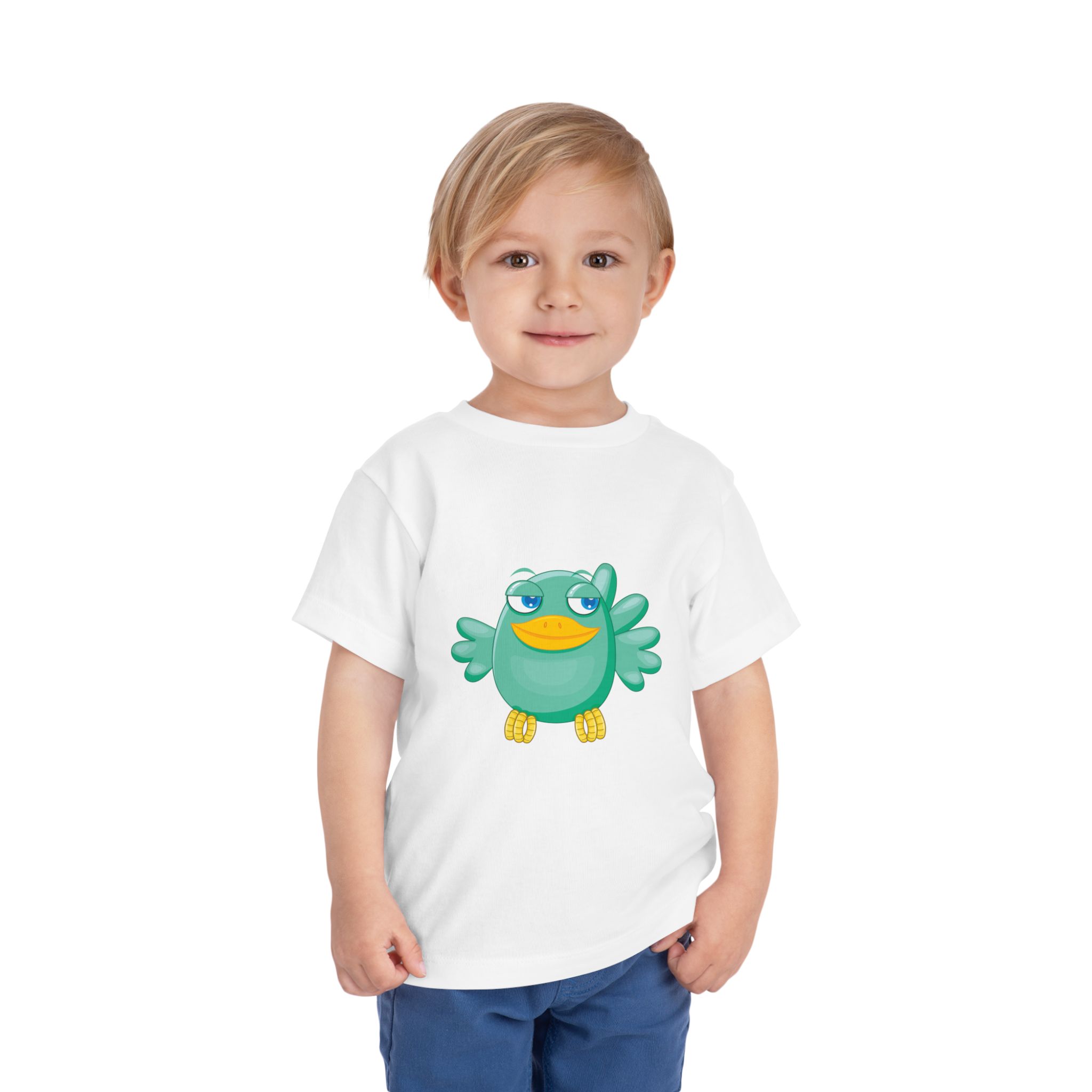 Cute Confident Green Bird Toddler T-Shirt – Adorable Cartoon Bird Graphic Tee for Kids, Boys & Girls. - Image 2