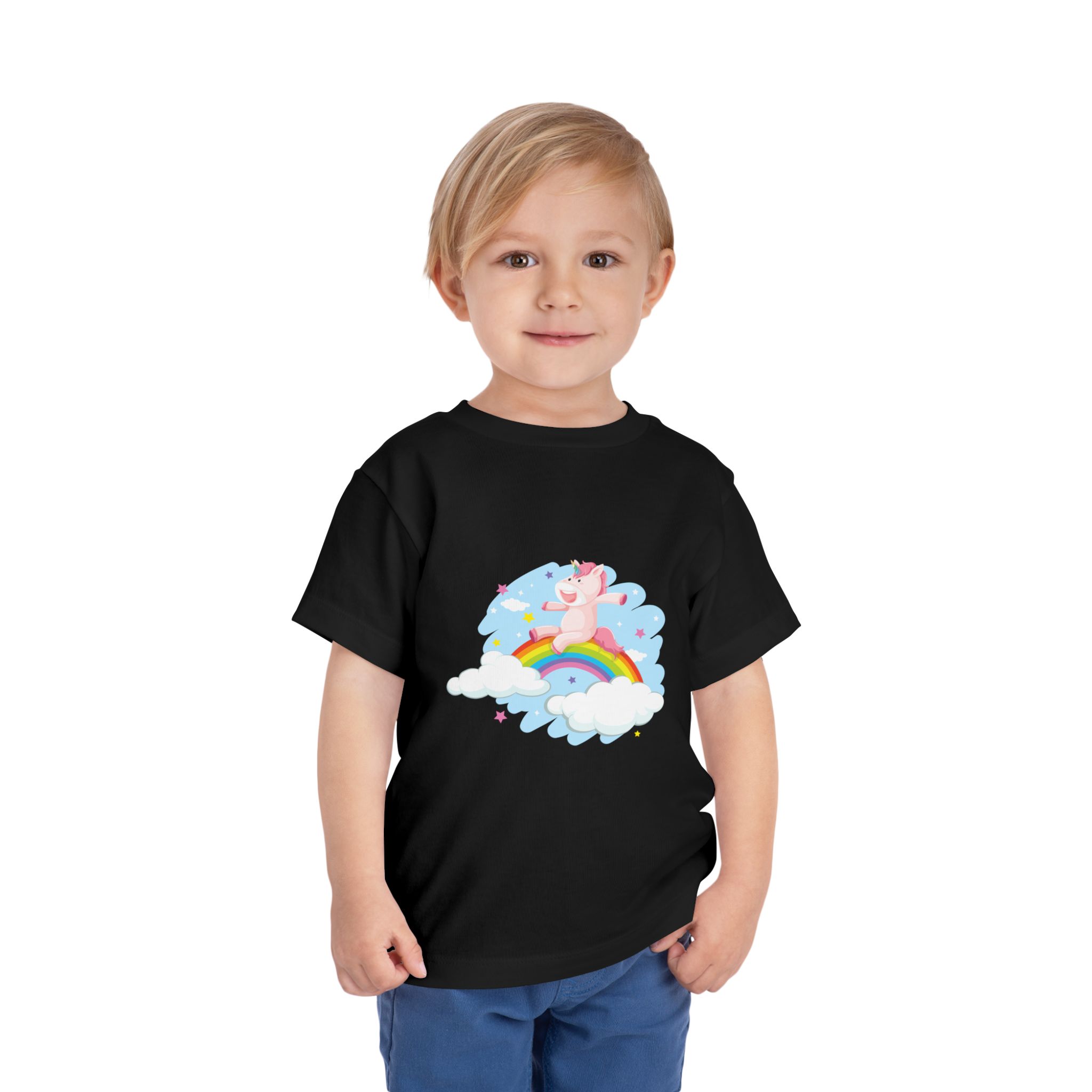 Cute Pink Unicorn on Rainbow Cloud Toddler T-Shirt – Adorable Fantasy Graphic Tee for Kids, Boys & Girls. - Image 2