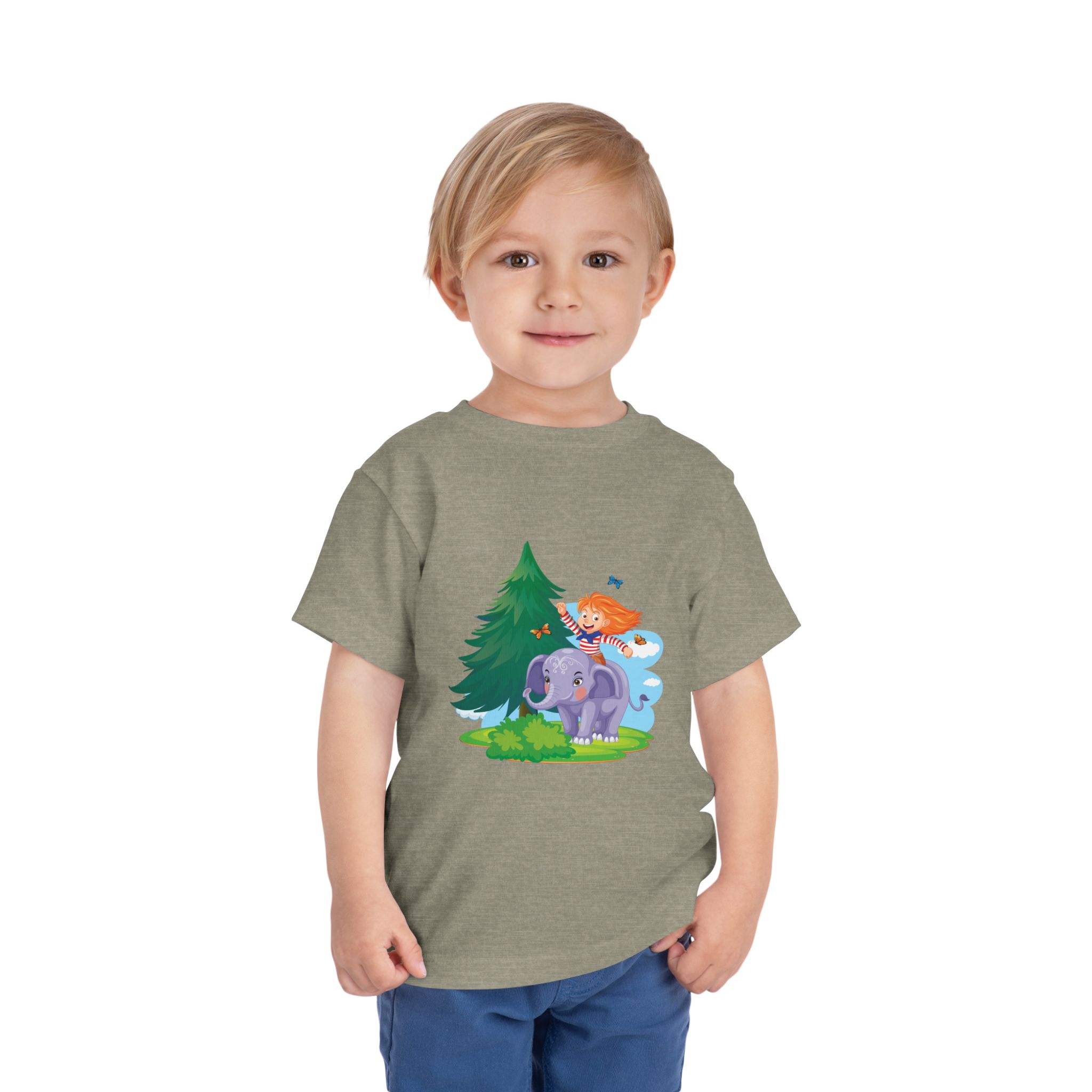 Playful Girl Riding Elephant Toddler T-Shirt – Cute Forest Adventure Graphic Tee for Kids & Toddlers. - Image 2