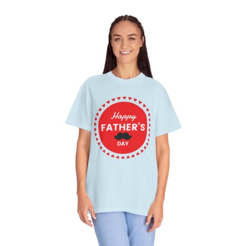 “Happy Father’s Day” Red Badge Mustache T-Shirt – Cute Love Graphic Tee for Dads, Perfect Gift Giving & Celebration Wear. - Image 3