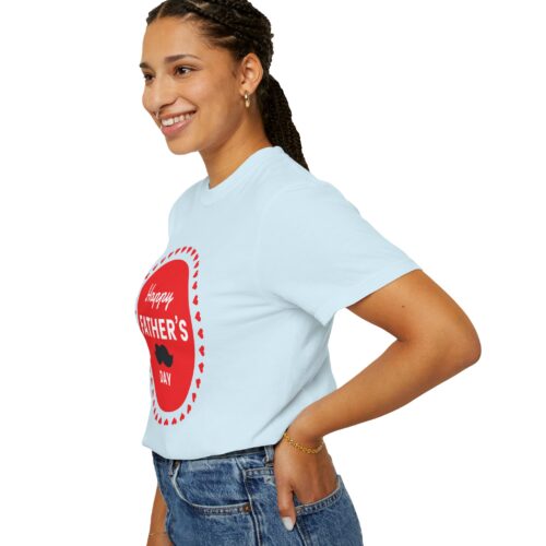 “Happy Father’s Day” Red Badge Mustache T-Shirt – Cute Love Graphic Tee for Dads, Perfect Gift Giving & Celebration Wear. - Image 5