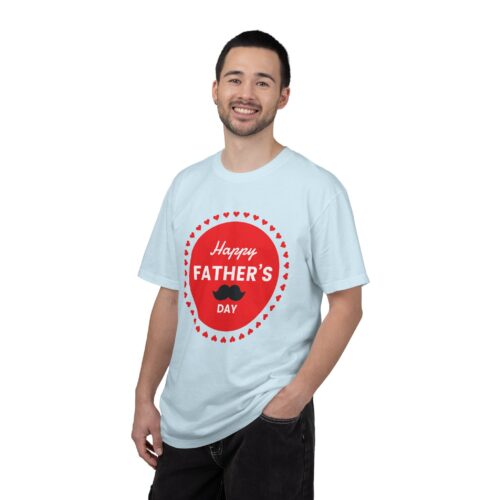 “Happy Father’s Day” Red Badge Mustache T-Shirt – Cute Love Graphic Tee for Dads, Perfect Gift Giving & Celebration Wear. - Image 2
