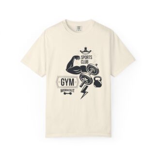 Gym Sports Club Workout T-Shirt – Dumbbells & Kettlebell Graphic Tee for Strength Training & Active Fitness Style.