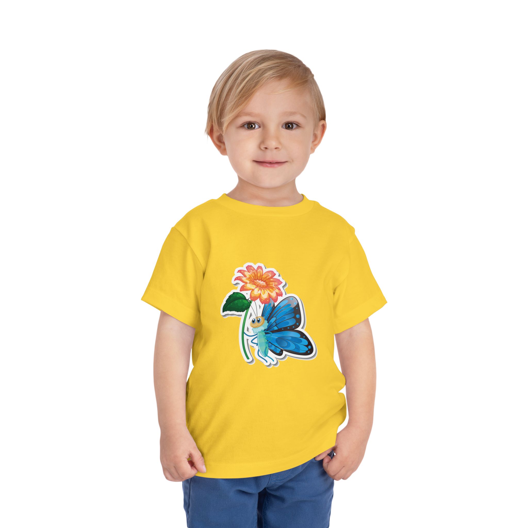 Blue Butterfly & Flower Toddler T-Shirt – Cute Nature Graphic Tee for Kids, Boys & Girls. - Image 3