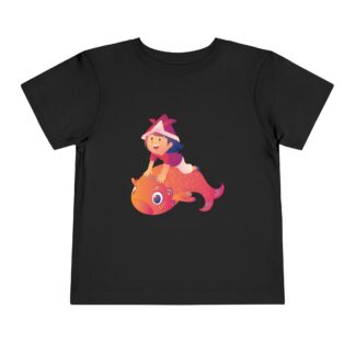 Cute Girl Riding Orange Fish Toddler T-Shirt – Fun Ocean Adventure Graphic Tee for Kids, Boys & Girls.