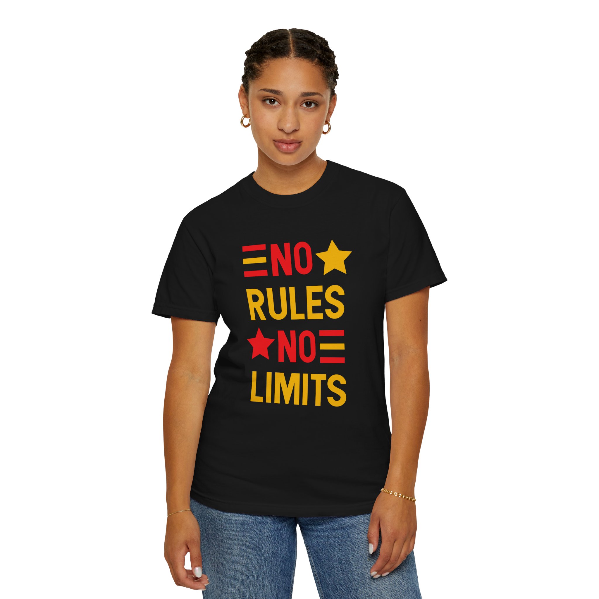 No Rules No Limits Graphic T-Shirt – Bold Retro Star Typography Tee for Streetwear Lovers & Trendy Style. - Image 4