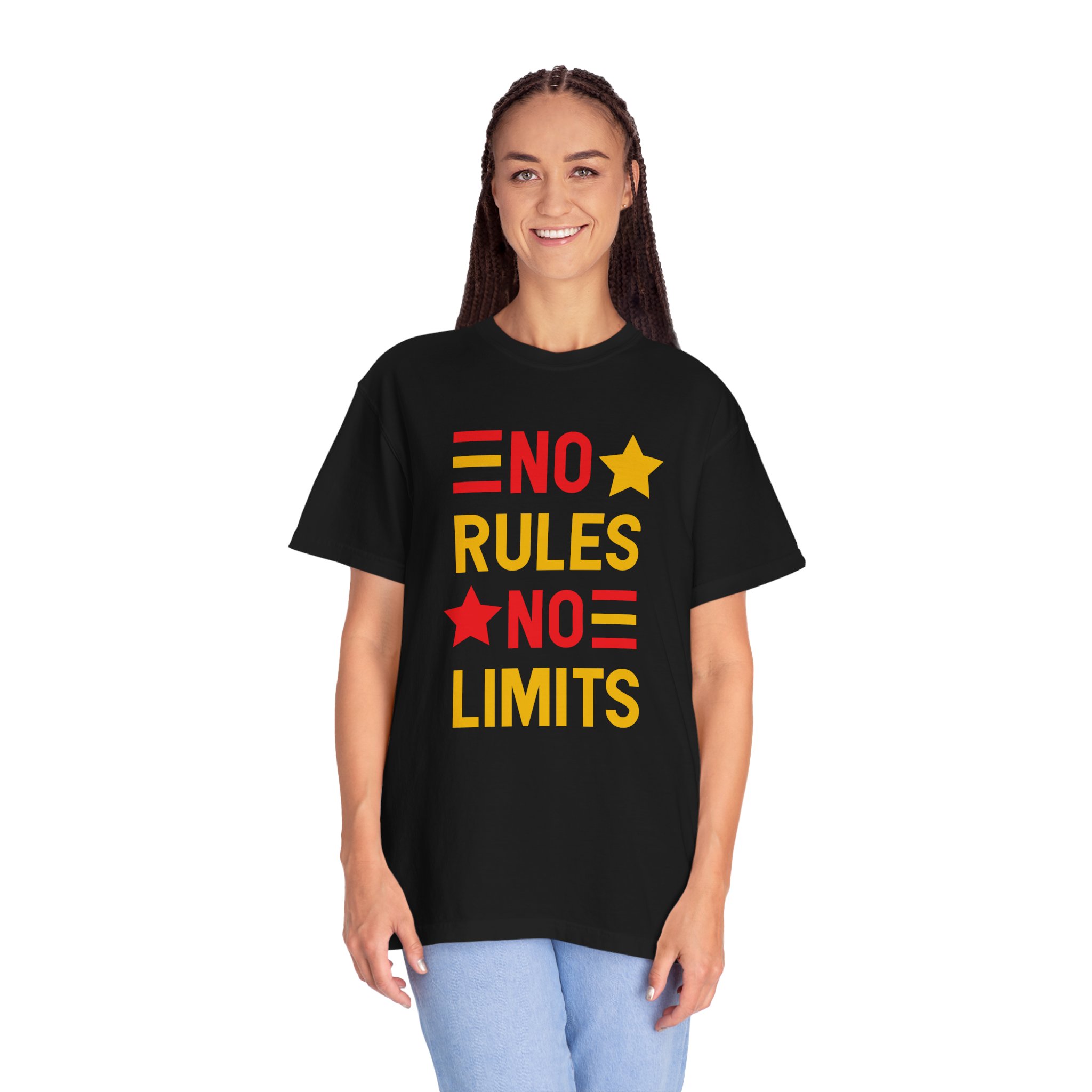 No Rules No Limits Graphic T-Shirt – Bold Retro Star Typography Tee for Streetwear Lovers & Trendy Style. - Image 3