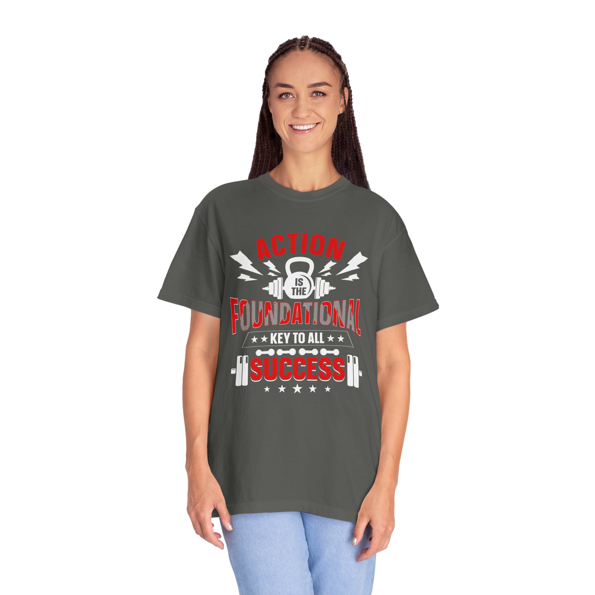 Action Is the Foundational Key to All Success T-Shirt – Motivational Fitness Graphic Tee for Discipline, Drive & Achievement. - Image 3